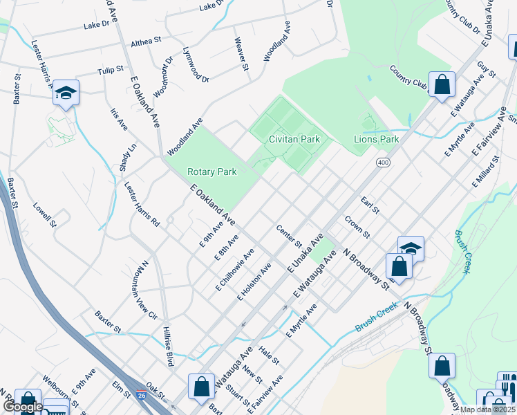 map of restaurants, bars, coffee shops, grocery stores, and more near 1109 East 8th Avenue in Johnson City