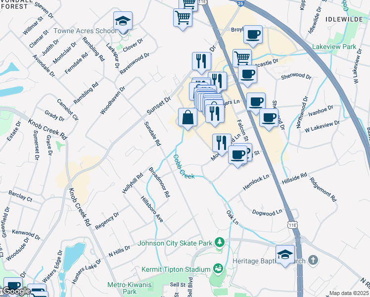 map of restaurants, bars, coffee shops, grocery stores, and more near 1916 Sundale Road in Johnson City