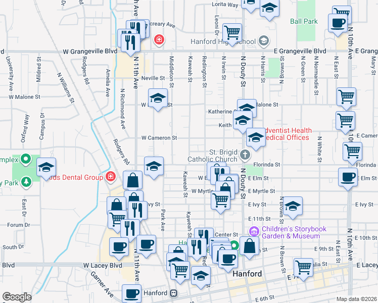 map of restaurants, bars, coffee shops, grocery stores, and more near 324 West Bush Street in Hanford