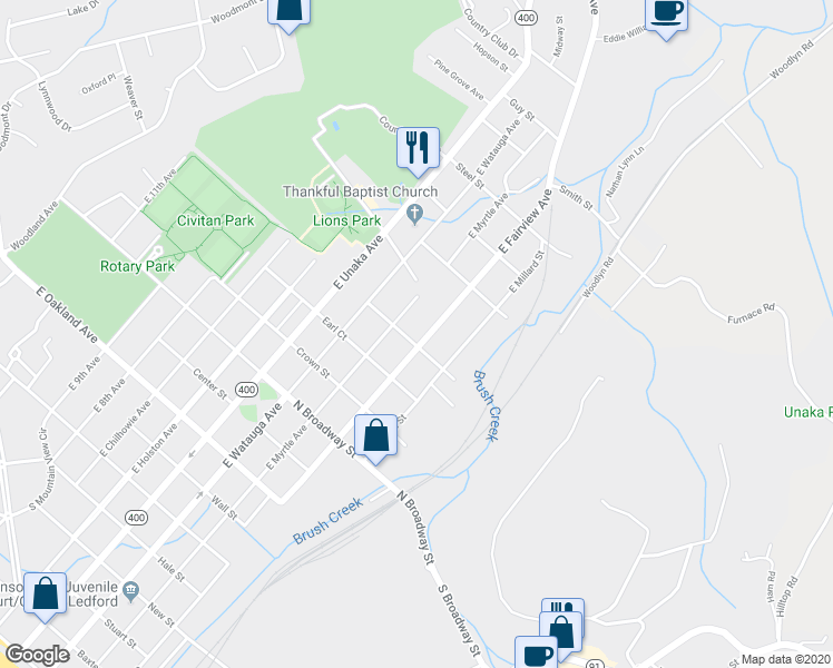 map of restaurants, bars, coffee shops, grocery stores, and more near 1603 East Fairview Avenue in Johnson City
