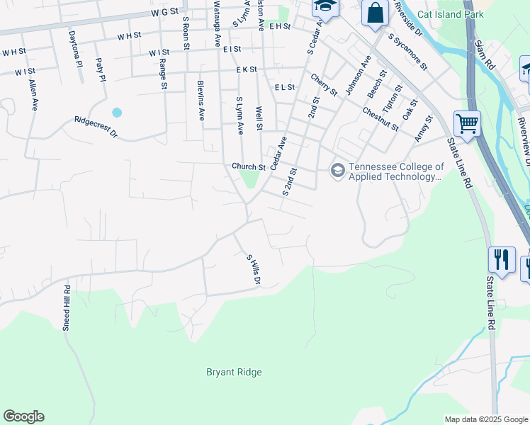 map of restaurants, bars, coffee shops, grocery stores, and more near 502 Bingham Street in Elizabethton