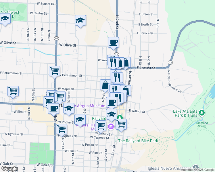 map of restaurants, bars, coffee shops, grocery stores, and more near 315 North 3rd Street in Rogers