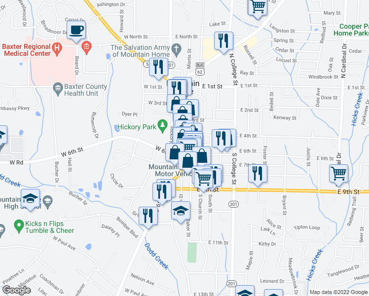 map of restaurants, bars, coffee shops, grocery stores, and more near 505 County Road 5 in Mountain Home