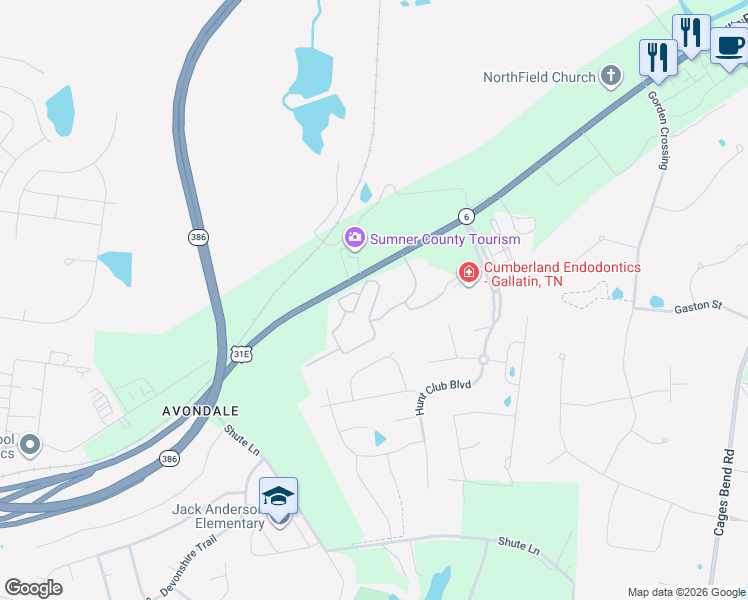 map of restaurants, bars, coffee shops, grocery stores, and more near 2325 Nashville Pike in Gallatin