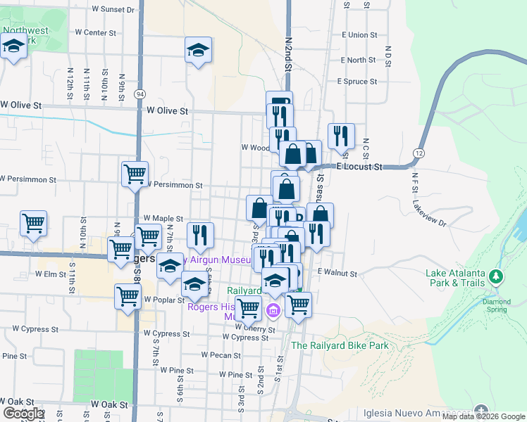 map of restaurants, bars, coffee shops, grocery stores, and more near 315 North 3rd Street in Rogers