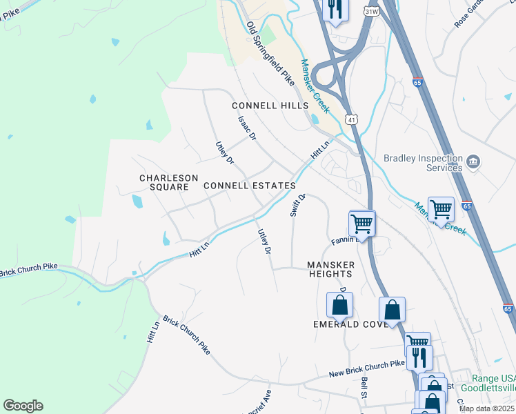map of restaurants, bars, coffee shops, grocery stores, and more near 401 Hitt Lane in Goodlettsville