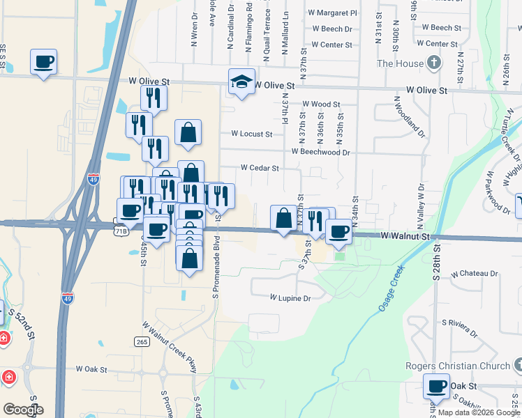 map of restaurants, bars, coffee shops, grocery stores, and more near 101 North 39th Street in Rogers