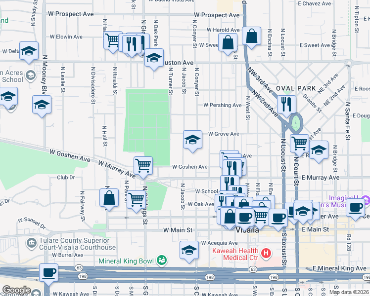 map of restaurants, bars, coffee shops, grocery stores, and more near 700 North Jacob Street in Visalia