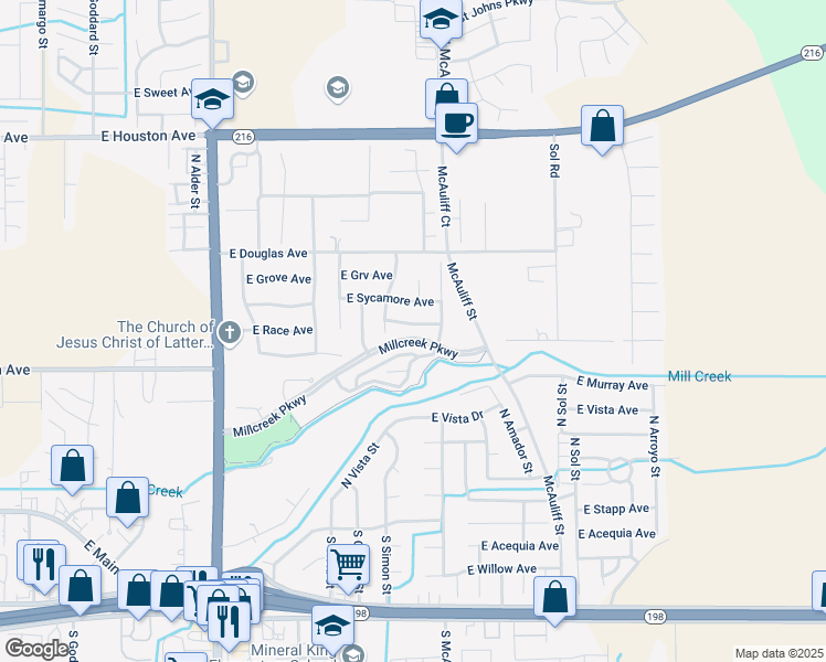 map of restaurants, bars, coffee shops, grocery stores, and more near 3547 East Race Avenue in Visalia
