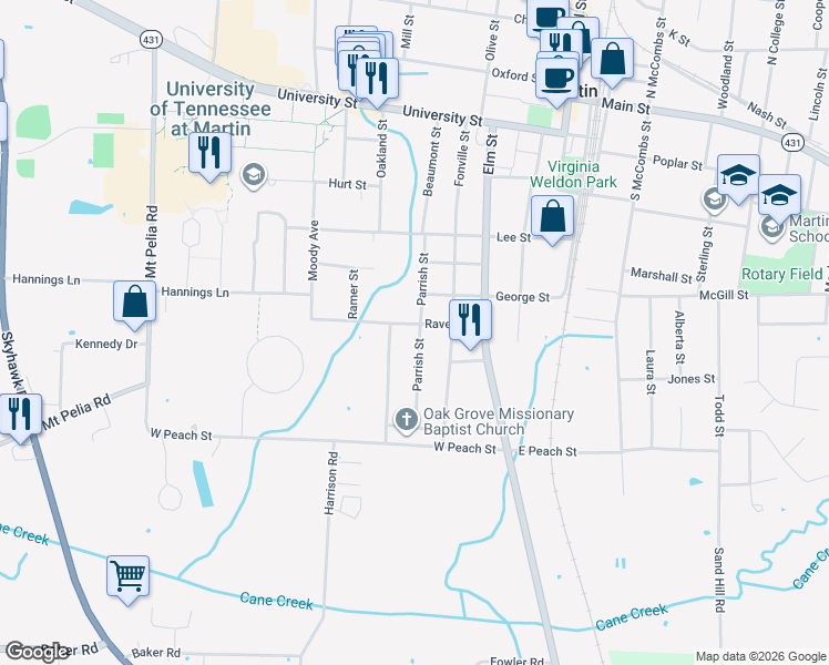 map of restaurants, bars, coffee shops, grocery stores, and more near 308 Raven Street in Martin