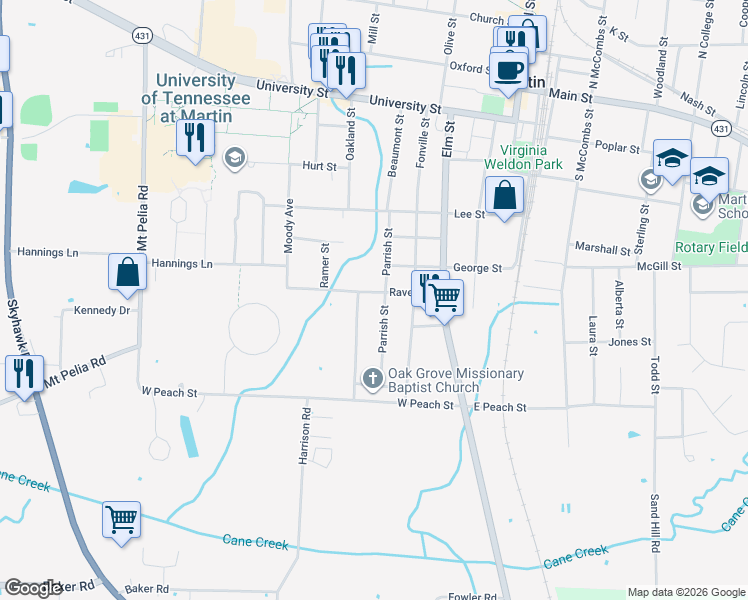 map of restaurants, bars, coffee shops, grocery stores, and more near 304 Raven Street in Martin
