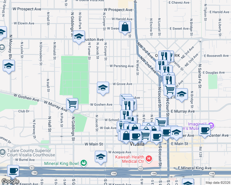 map of restaurants, bars, coffee shops, grocery stores, and more near 716 North Stevenson Street in Visalia