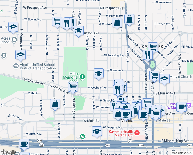 map of restaurants, bars, coffee shops, grocery stores, and more near 700 North Jacob Street in Visalia
