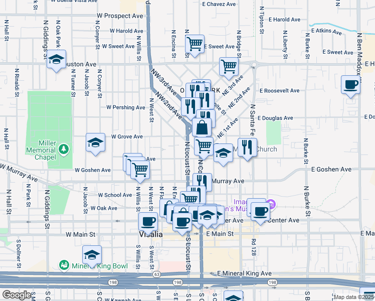 map of restaurants, bars, coffee shops, grocery stores, and more near 616 North Locust Street in Visalia