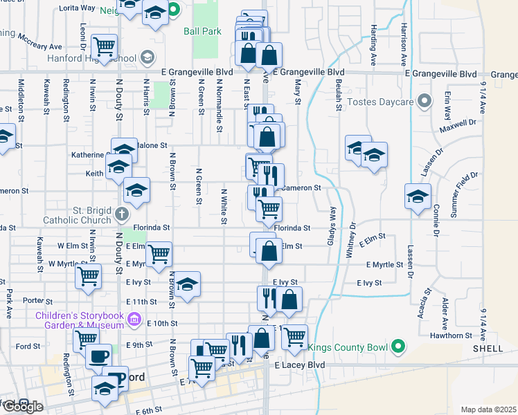 map of restaurants, bars, coffee shops, grocery stores, and more near 1040 North 10th Avenue in Hanford
