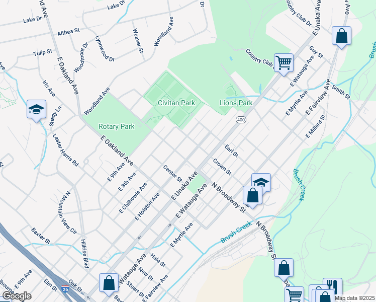 map of restaurants, bars, coffee shops, grocery stores, and more near 810 North Broadway Street in Johnson City