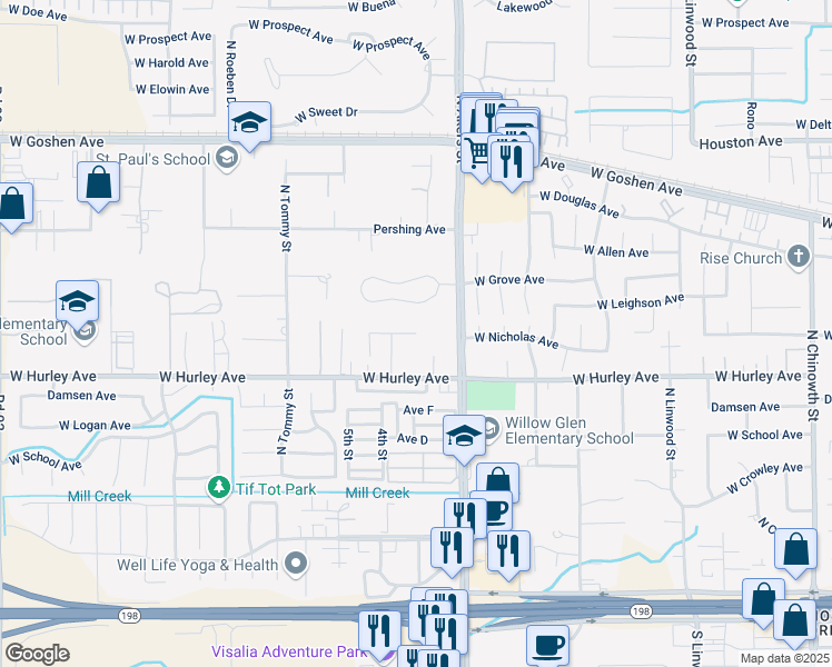 map of restaurants, bars, coffee shops, grocery stores, and more near 3727 West Nicholas Court in Visalia