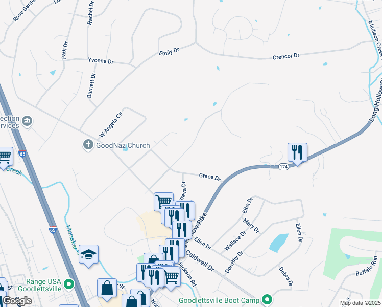map of restaurants, bars, coffee shops, grocery stores, and more near 609 Carol Ann Drive in Goodlettsville