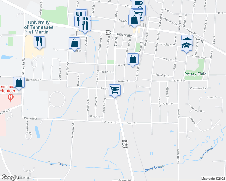 map of restaurants, bars, coffee shops, grocery stores, and more near 547 Elm Street in Martin