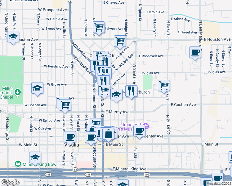 map of restaurants, bars, coffee shops, grocery stores, and more near 613 North Garden Street in Visalia