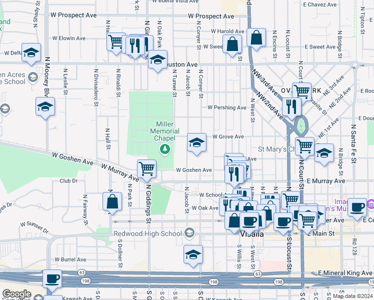 map of restaurants, bars, coffee shops, grocery stores, and more near 706 North Jacob Street in Visalia