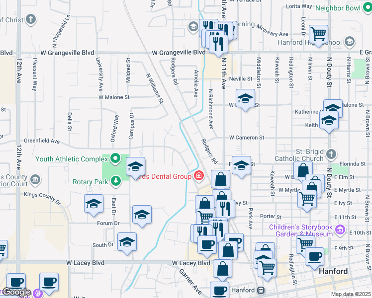 map of restaurants, bars, coffee shops, grocery stores, and more near 902 West Cameron Street in Hanford