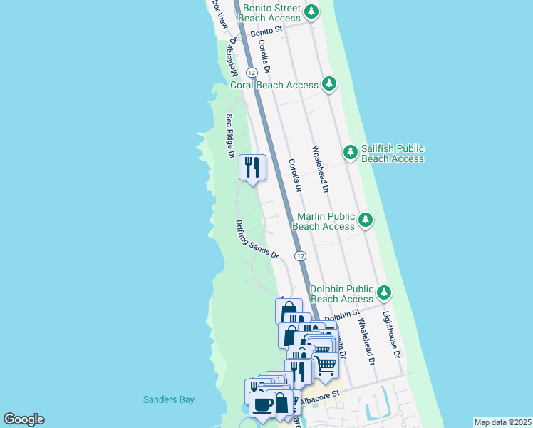 map of restaurants, bars, coffee shops, grocery stores, and more near 853 Sea Cliff Court in Corolla