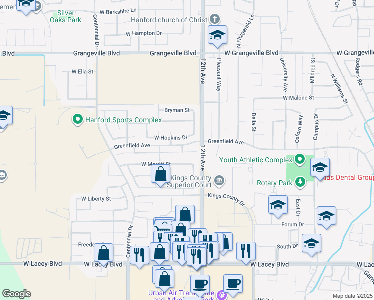 map of restaurants, bars, coffee shops, grocery stores, and more near 1762 West Humboldt Drive in Hanford