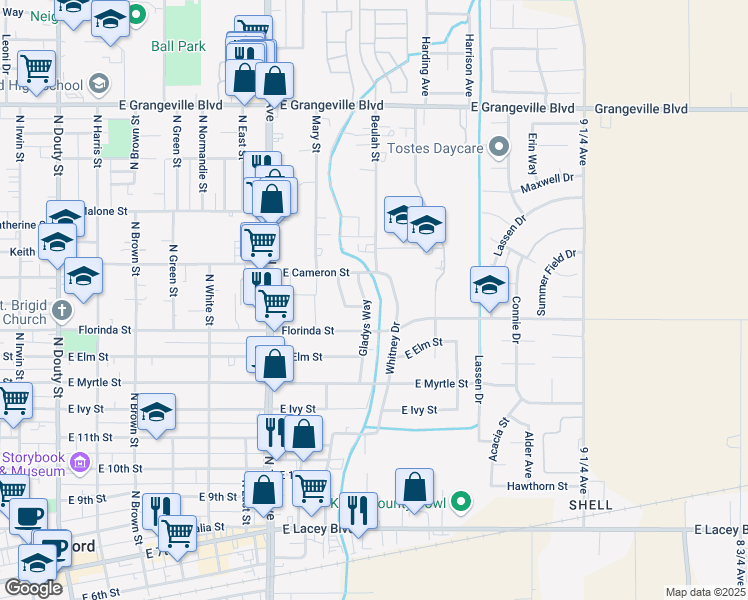 map of restaurants, bars, coffee shops, grocery stores, and more near 1077 Gladys Way in Hanford