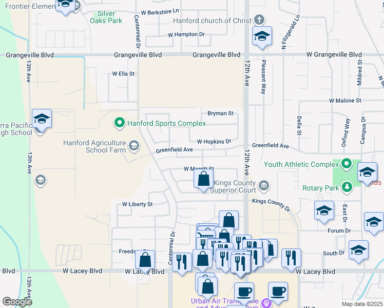 map of restaurants, bars, coffee shops, grocery stores, and more near 1934 West Humboldt Drive in Hanford
