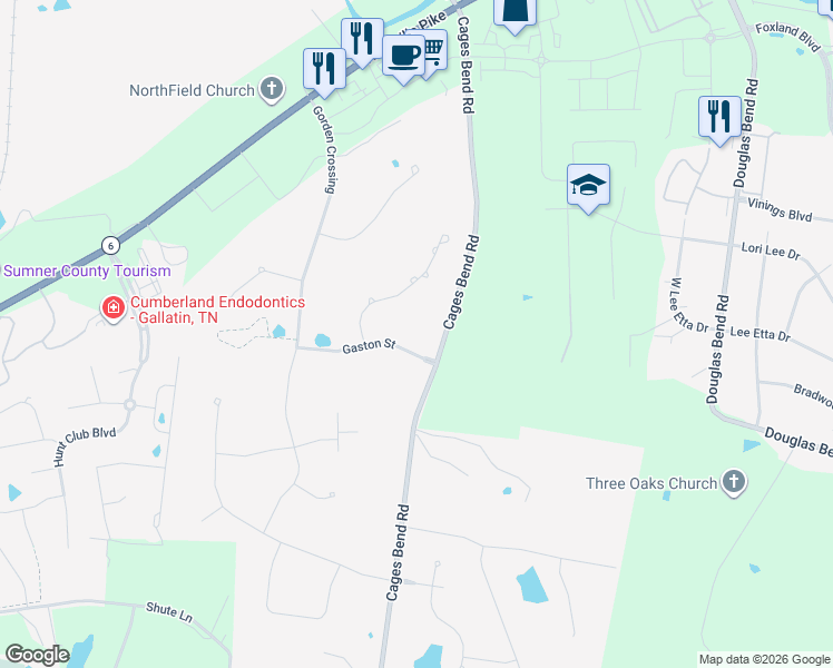 map of restaurants, bars, coffee shops, grocery stores, and more near 102 Gaston Street in Gallatin