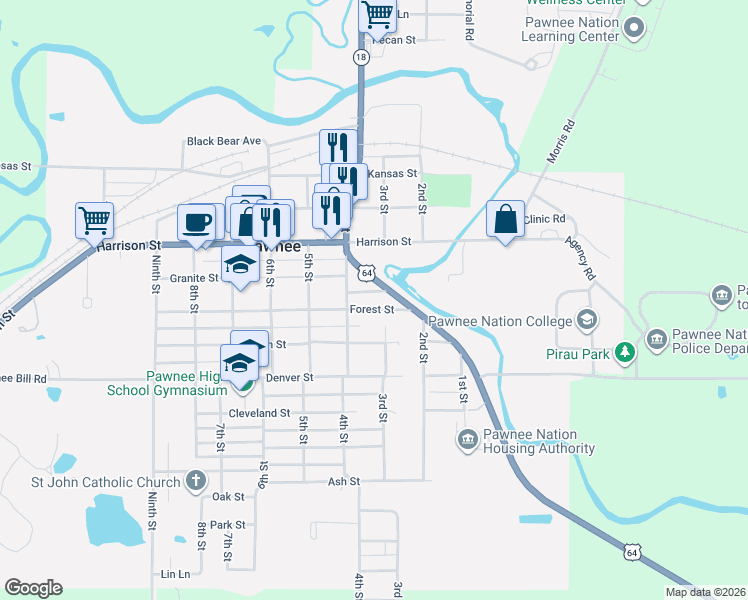 map of restaurants, bars, coffee shops, grocery stores, and more near 215 Forest Street in Pawnee