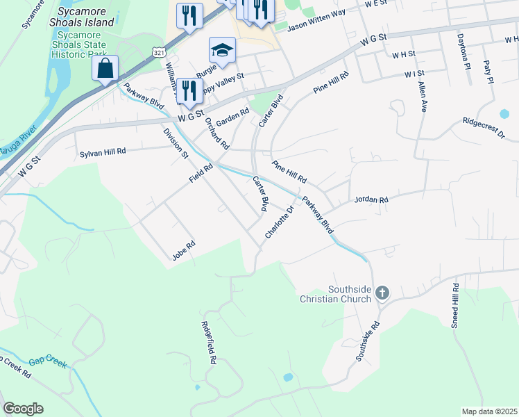 map of restaurants, bars, coffee shops, grocery stores, and more near 611 Carter Boulevard in Elizabethton