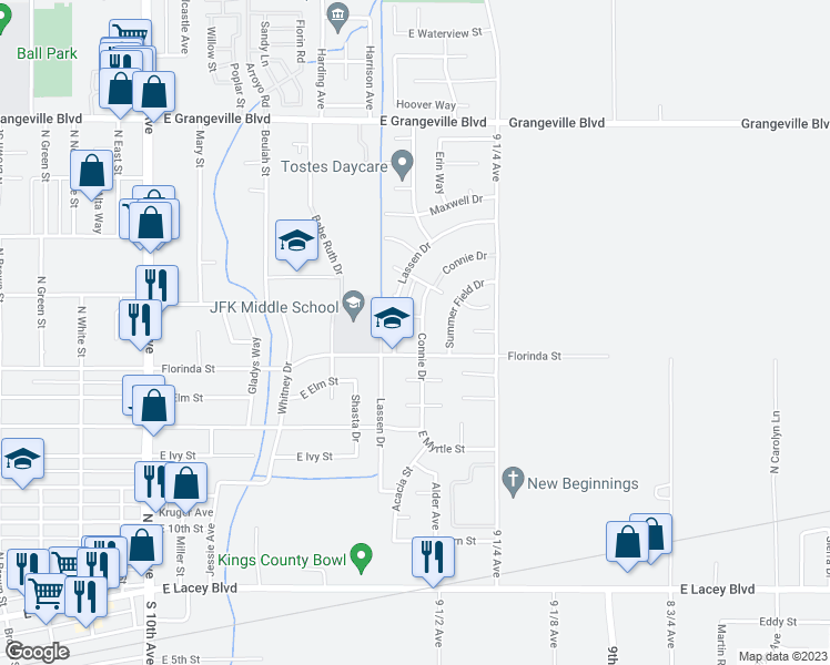 map of restaurants, bars, coffee shops, grocery stores, and more near 1042 Connie Drive in Hanford