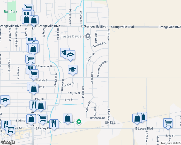 map of restaurants, bars, coffee shops, grocery stores, and more near 1042 Connie Drive in Hanford