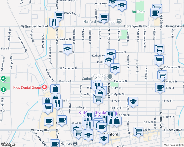 map of restaurants, bars, coffee shops, grocery stores, and more near 226 West Bush Street in Hanford