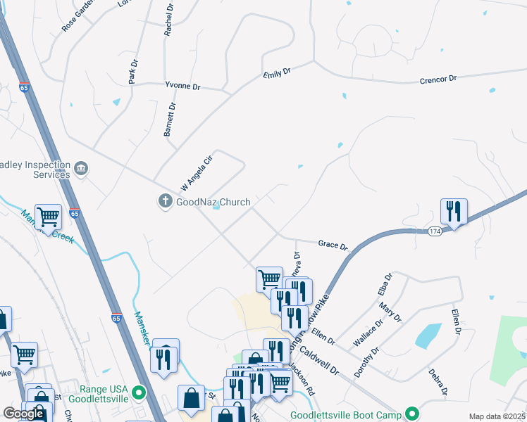 map of restaurants, bars, coffee shops, grocery stores, and more near 601 Mason Lane in Goodlettsville