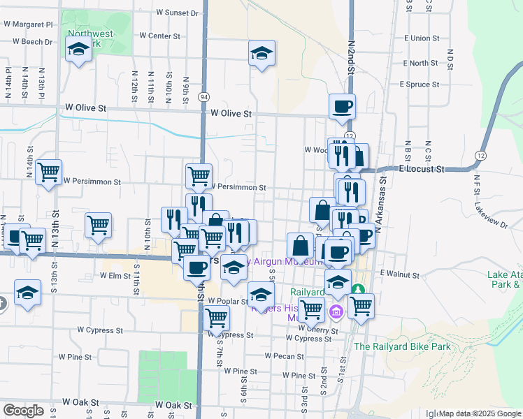 map of restaurants, bars, coffee shops, grocery stores, and more near 315 North 6th Street in Rogers