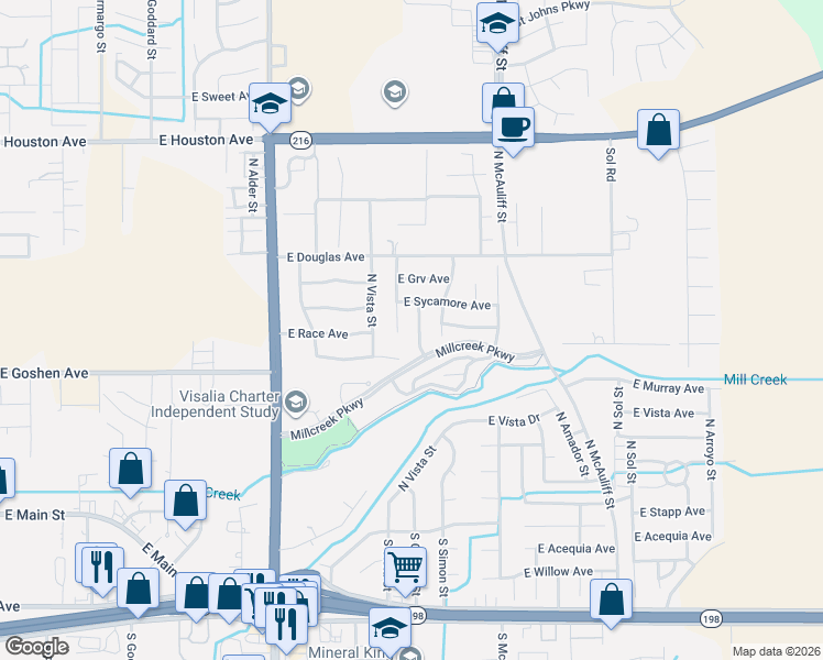 map of restaurants, bars, coffee shops, grocery stores, and more near 725 North Crumal Court in Visalia