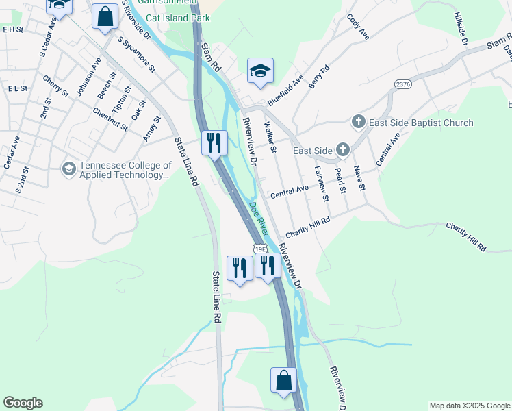 map of restaurants, bars, coffee shops, grocery stores, and more near 1001 Riverview Drive in Elizabethton