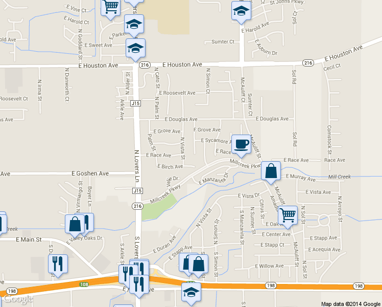 map of restaurants, bars, coffee shops, grocery stores, and more near 725 North Crumal Court in Visalia