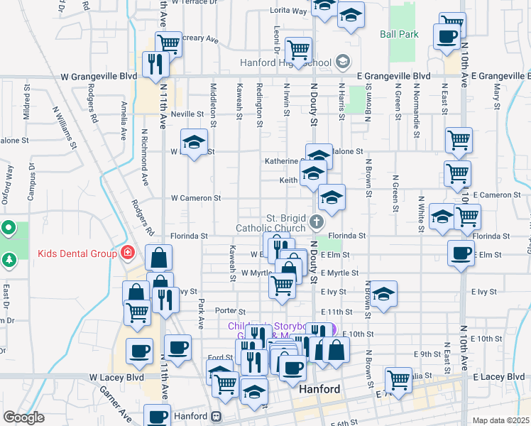 map of restaurants, bars, coffee shops, grocery stores, and more near 226 West Bush Street in Hanford