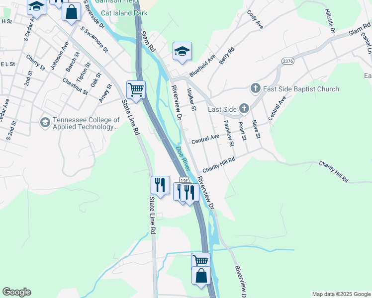 map of restaurants, bars, coffee shops, grocery stores, and more near 1001 Riverview Drive in Elizabethton