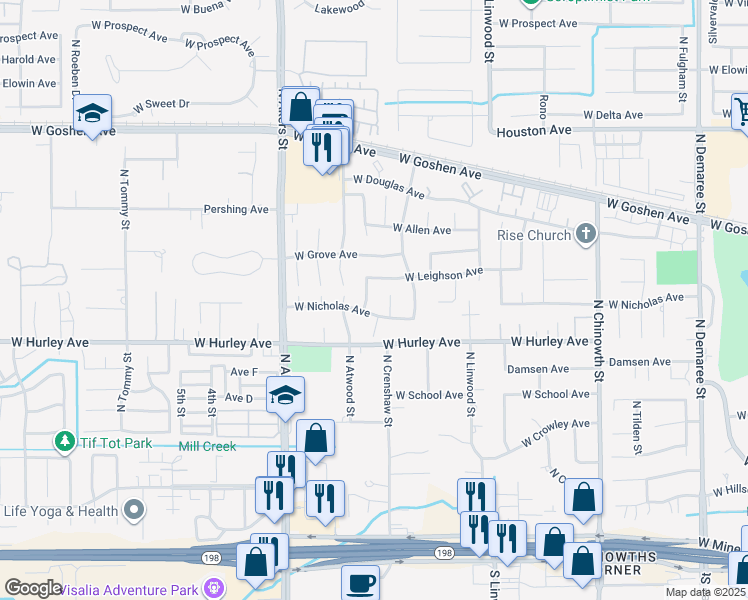 map of restaurants, bars, coffee shops, grocery stores, and more near 828 North Crenshaw Court in Visalia