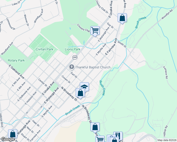 map of restaurants, bars, coffee shops, grocery stores, and more near 1605 East Fairview Avenue in Johnson City
