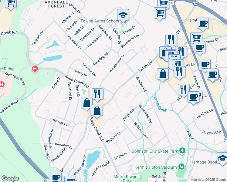map of restaurants, bars, coffee shops, grocery stores, and more near 716 Sunset Drive in Johnson City