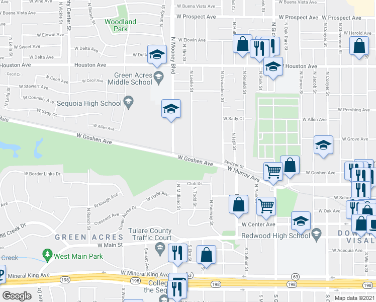 map of restaurants, bars, coffee shops, grocery stores, and more near 717 North Leslie Street in Visalia