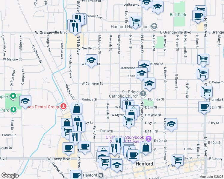 map of restaurants, bars, coffee shops, grocery stores, and more near 324 West Bush Street in Hanford
