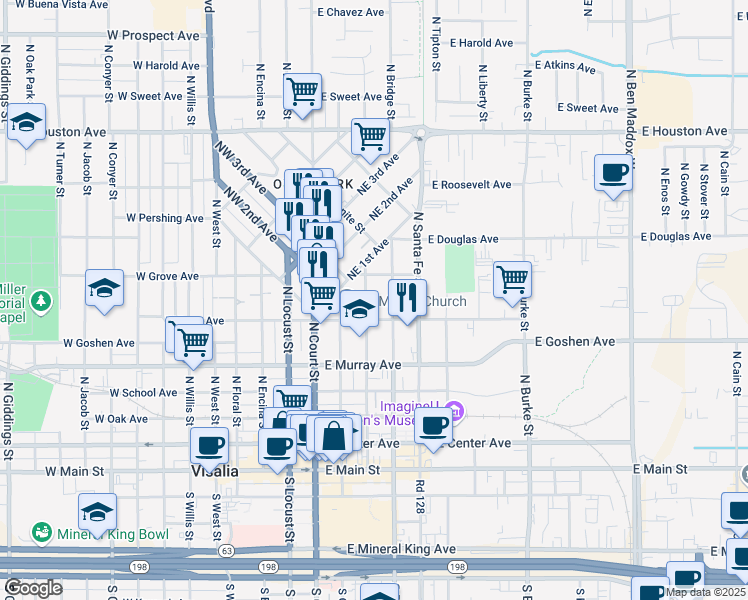 map of restaurants, bars, coffee shops, grocery stores, and more near 613 North Garden Street in Visalia
