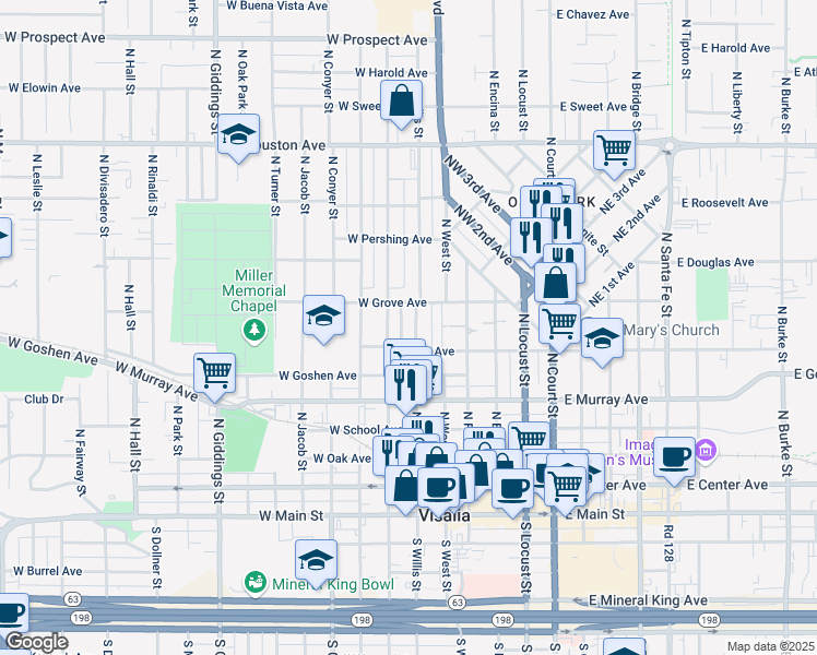 map of restaurants, bars, coffee shops, grocery stores, and more near 719 North Willis Street in Visalia